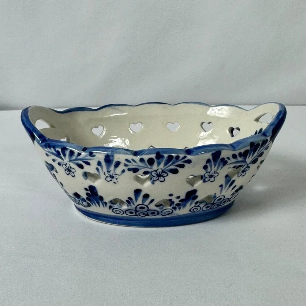 Small‎ Delft Blue Ceramic Basket Trinket Dish Windmill Hearts Holland Cobalt
